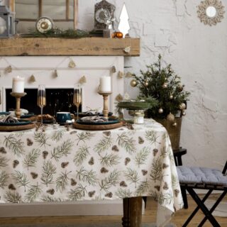 ВИНТЕР Шишки, скатерть, 147х220см, саржа, белый/зеленый