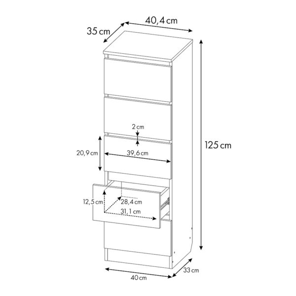 SIMPLE, узкий комод 5 ящиков, белый, 40,4х125см, М