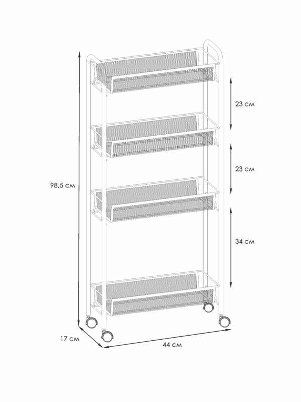 ЛАДЬЯ 14К, этажерка/тележка, 4 яруса, 44×17×98,5см, на колёсах, черный