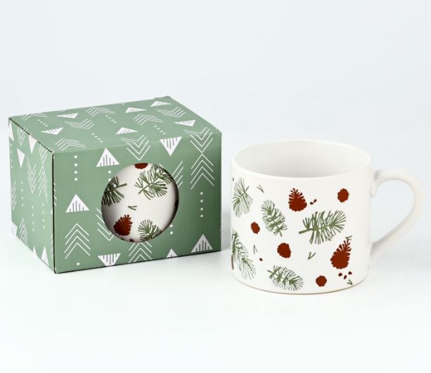 ВИНТЕР Шишки, кружка керамическая, 320 мл, белый/зеленый ВИНТЕР Шишки, кружка керамическая, 320 мл, белый/зеленый