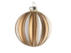 ВИНТЕР, елочная игрушка из стекла, 8 см, шар полосы, золотой/белый