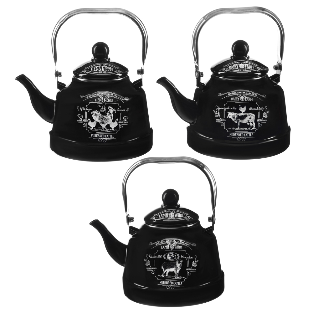 РАНЧО, чайник эмалированный, 2,5 л, 3 дизайна, индукция, черный