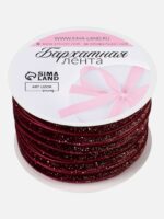 ГИФТ, лента бархатная, 6 мм, 18 м, с золотым люрексом, бордовая