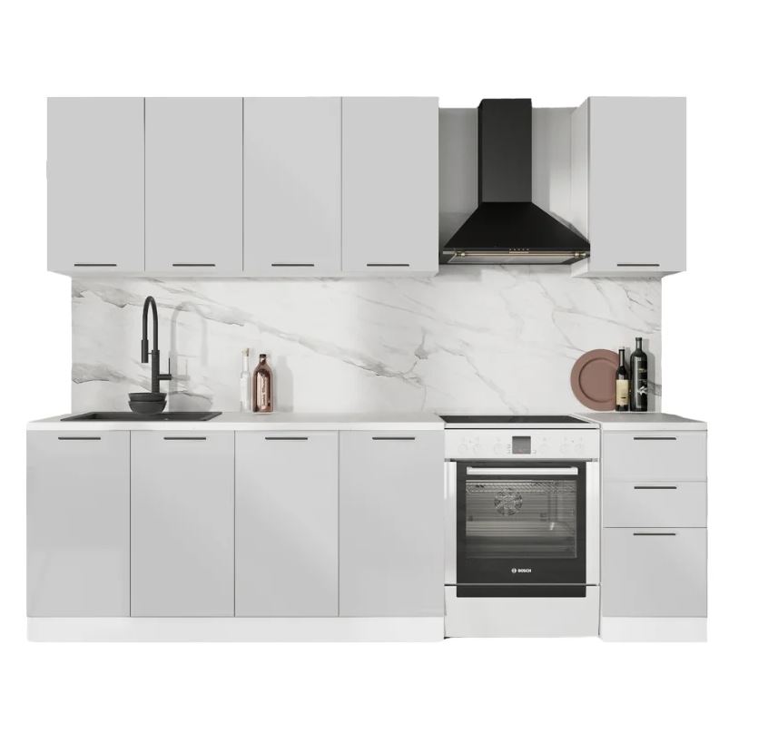 ГАРДЕН, готовая кухня, 2 м, столешница 200 см, фасады мдф, лайт грей/мрамор марквин