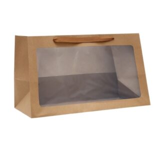 ГИФТ, пакет подарочный горизонтальный, крафт, с окном, 50х30х25 см, бежевый